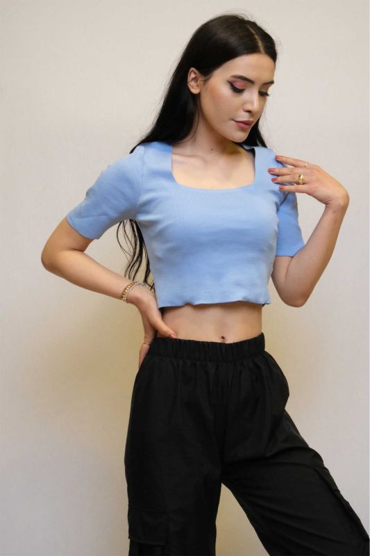 Moda Çizgi Kare Yaka Triko Crop Mavi - 3