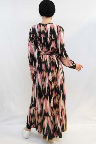 Moda Çizgi Karışık Desen Elbise Pudra - Thumbnail