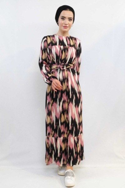 Moda Çizgi Karışık Desen Elbise Pudra - Thumbnail