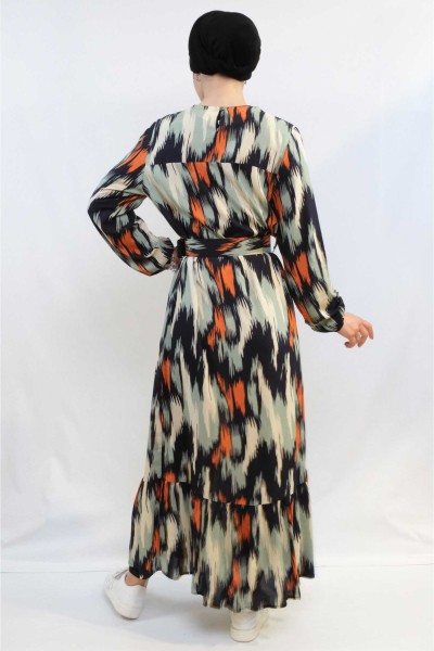 Moda Çizgi Karışık Desen Elbise Mint - Thumbnail