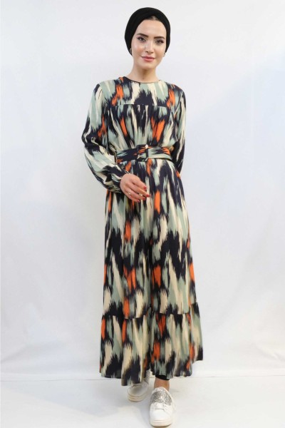 Moda Çizgi Karışık Desen Elbise Mint - Thumbnail