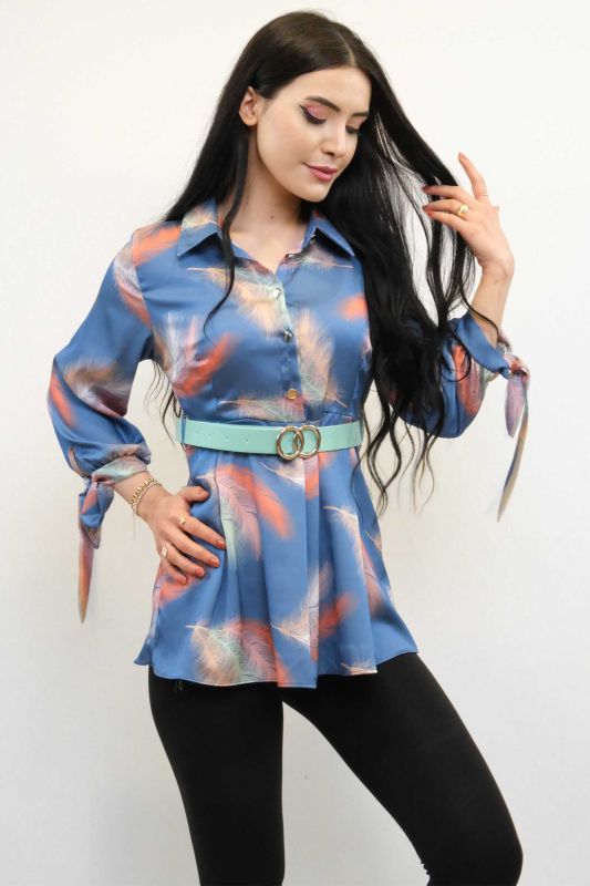 أزياء شريطية مربوط قميص تونك النيلي - 3