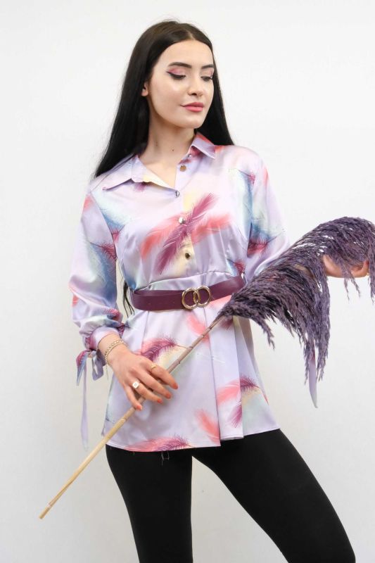 Moda Çizgi Kemerli Gömlek Tunik Lila - 1