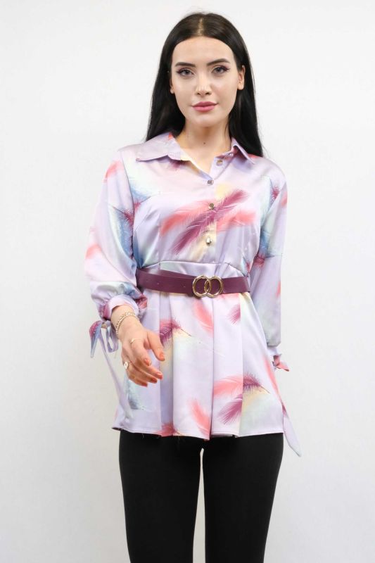 Moda Çizgi Kemerli Gömlek Tunik Lila - 3