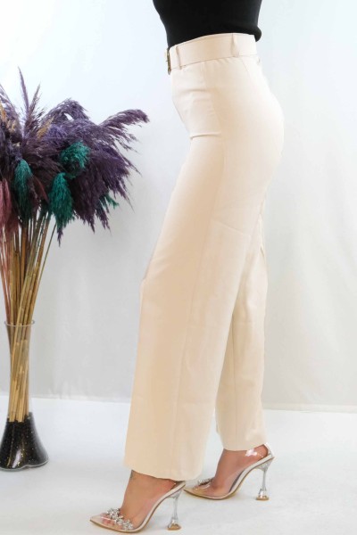 Moda Çizgi Kemerli Pantolon Beyaz - Thumbnail