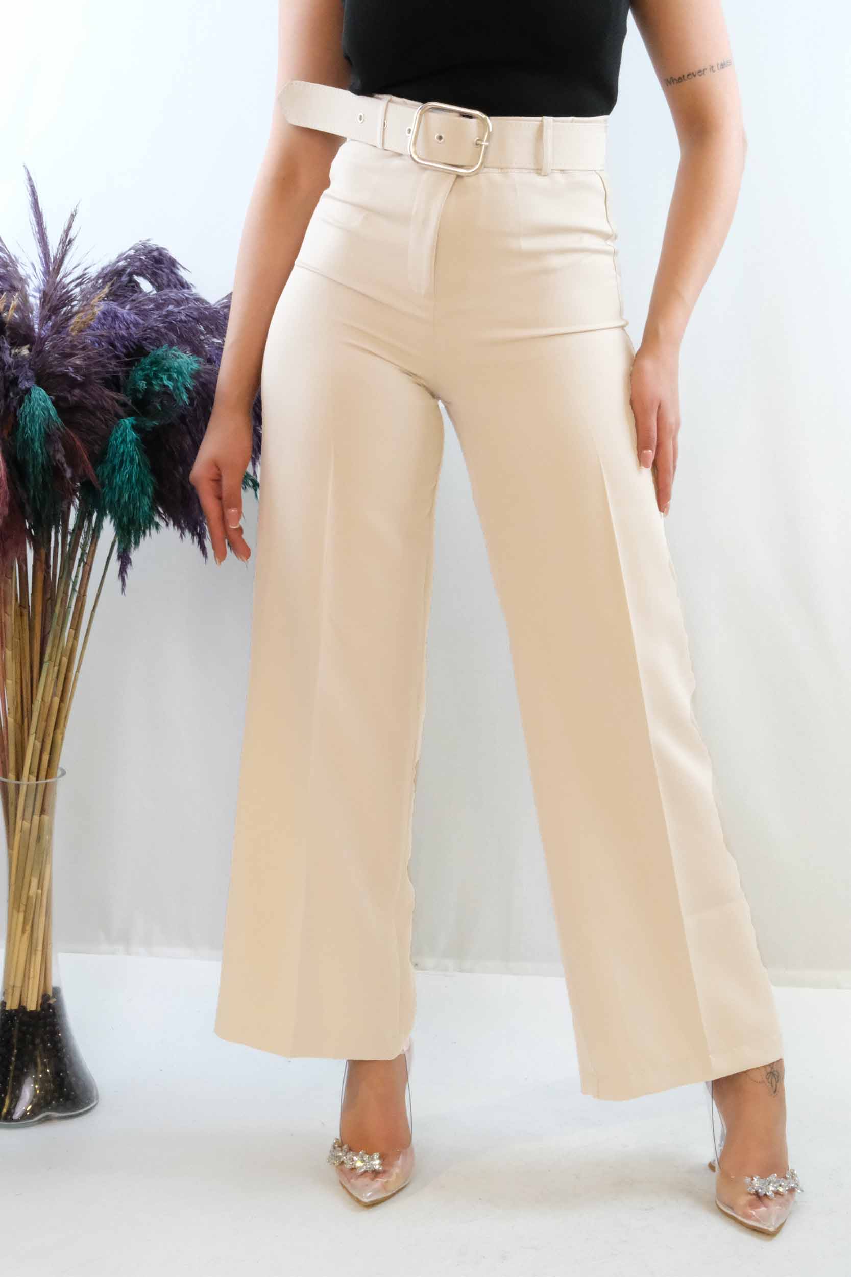 Moda Çizgi Kemerli Pantolon Beyaz - 36 | Beyaz