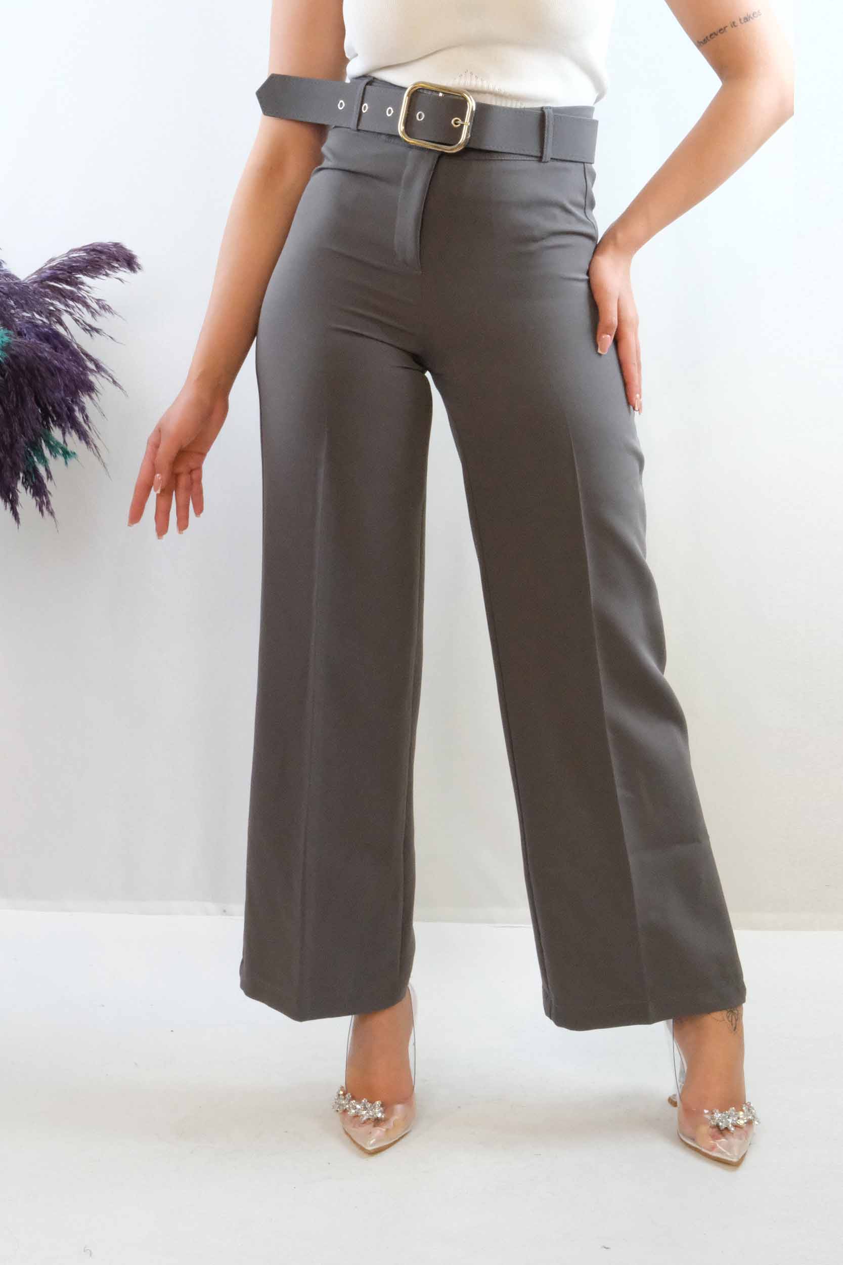 Moda Çizgi Kemerli Pantolon Füme - 36 | Füme