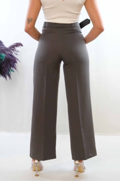 Moda Çizgi Kemerli Pantolon Füme - Thumbnail