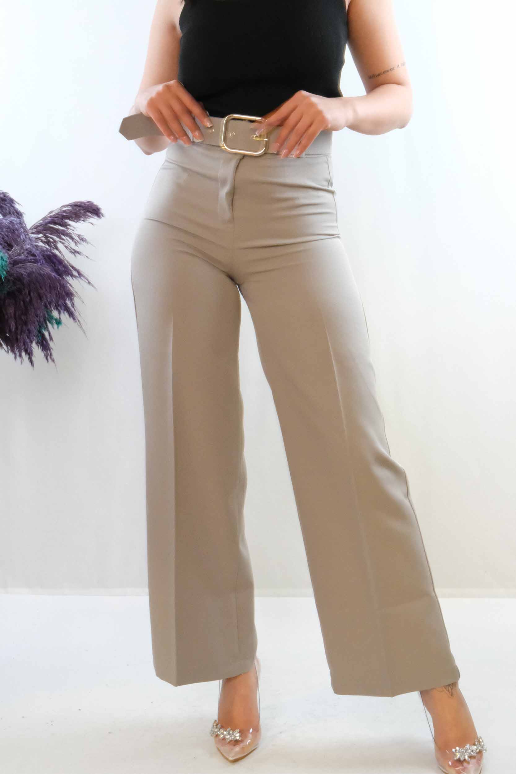 Moda Çizgi Kemerli Pantolon Gri - 36 | Gri