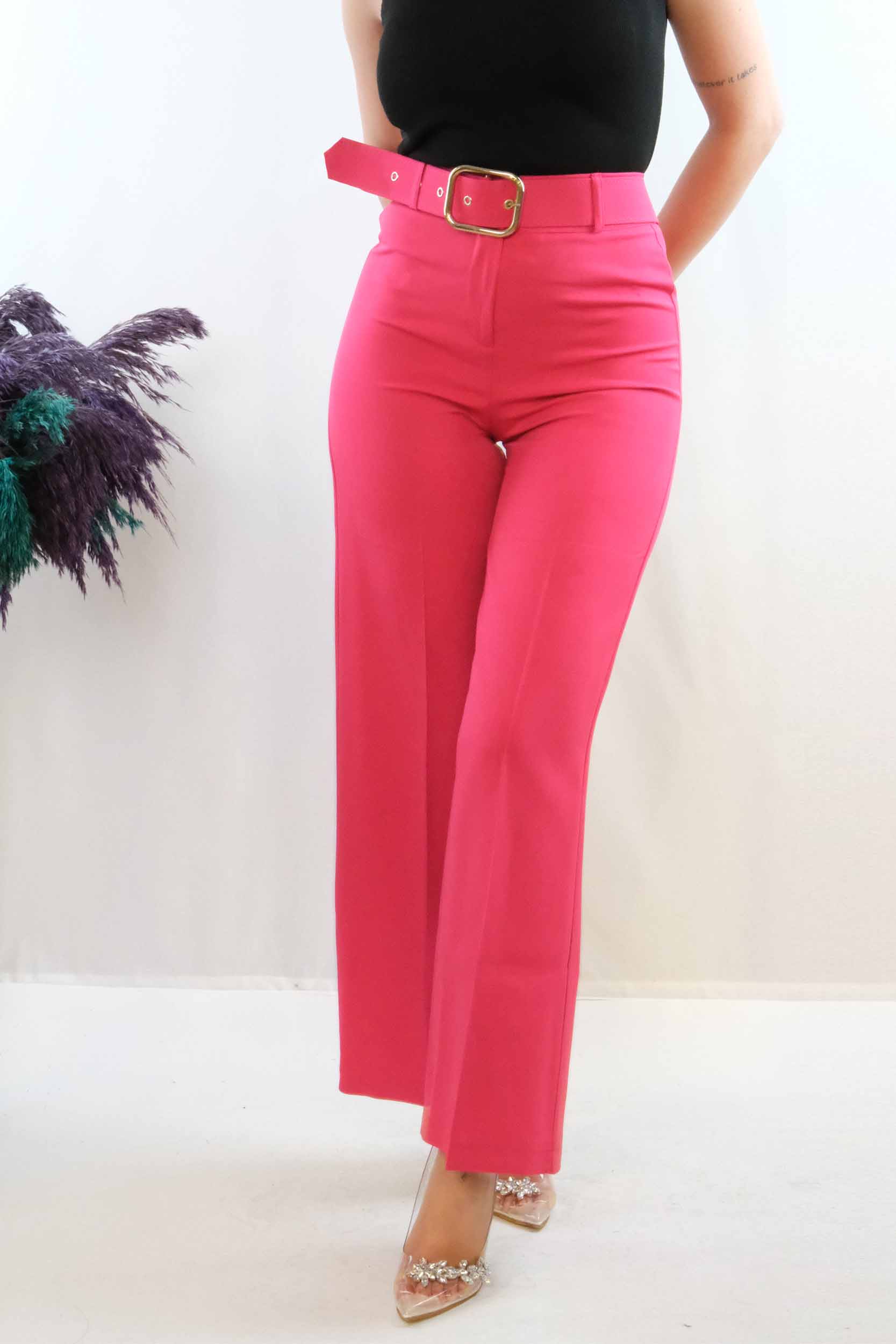 Moda Çizgi Kemerli Pantolon Pembe - 36 | Pembe