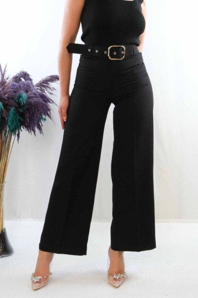 Moda Çizgi Kemerli Pantolon Siyah - Thumbnail