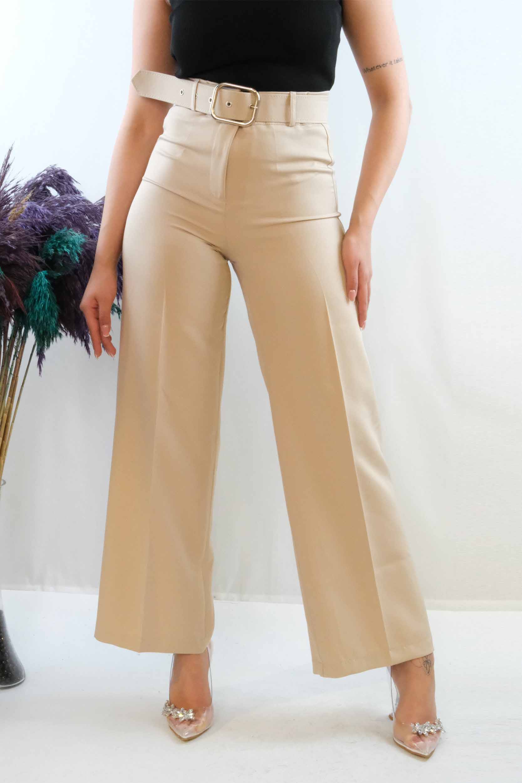 Moda Çizgi Kemerli Pantolon Taş - 36 | Taş Rengi