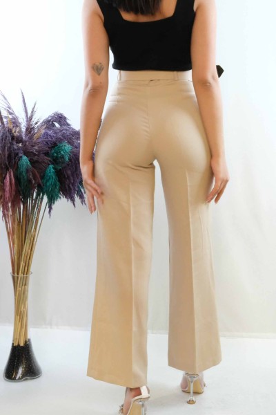 Moda Çizgi Kemerli Pantolon Taş - Thumbnail