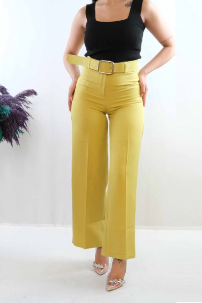 Moda Çizgi Kemerli Pantolon Yağ Yeşili - Thumbnail