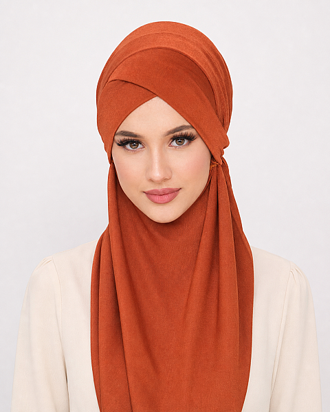 Kiremit Çapraz Bantlı Medium Size Hijab - Hazır Şal