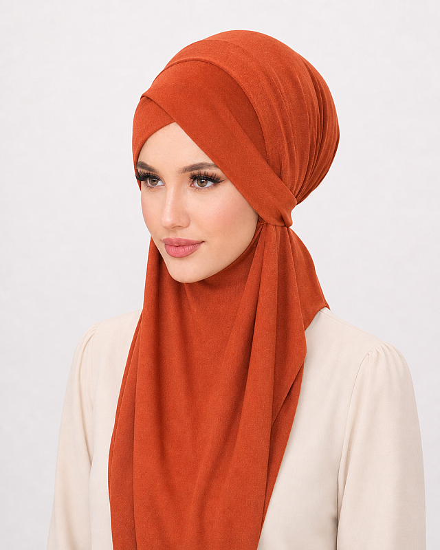 Kiremit Çapraz Bantlı Medium Size Hijab - Hazır Şal - 2