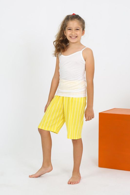 Moda Çizgi Kız Çocuk İp Askılı Şortlu Penye Beyaz Pijama Takım 20430 - 1