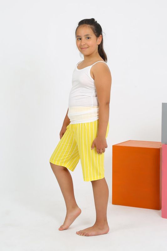 Moda Çizgi Kız Çocuk İp Askılı Şortlu Penye Beyaz Pijama Takım 20430 - 2