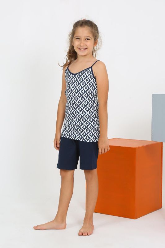 Moda Çizgi Kız Çocuk İp Askılı Şortlu Penye Lacivert Pijama Takım 20430 - 1