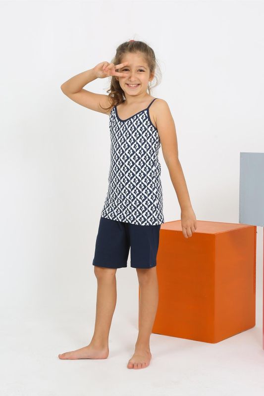 Moda Çizgi Kız Çocuk İp Askılı Şortlu Penye Lacivert Pijama Takım 20430 - 2