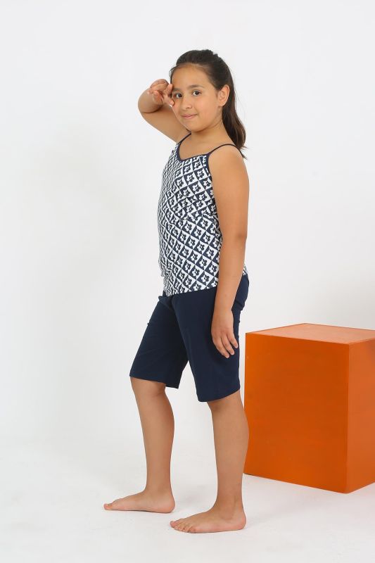 Moda Çizgi Kız Çocuk İp Askılı Şortlu Penye Lacivert Pijama Takım 20430 - 3