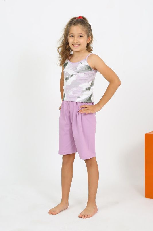 Moda Çizgi Kız Çocuk İp Askılı Şortlu Penye Lila Pijama Takım 20430 - 1