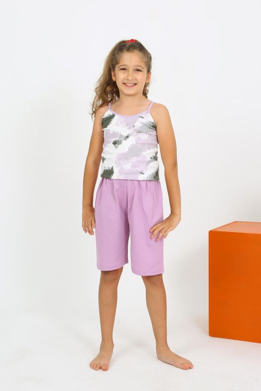 Moda Çizgi Kız Çocuk İp Askılı Şortlu Penye Lila Pijama Takım 20430 - 4