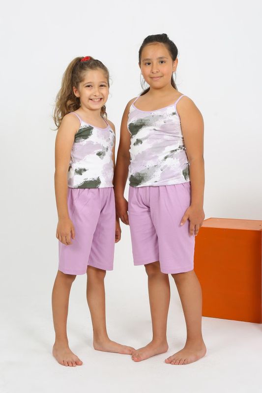Moda Çizgi Kız Çocuk İp Askılı Şortlu Penye Lila Pijama Takım 20430 - 5