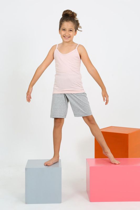 Moda Çizgi Kız Çocuk İp Askılı Şortlu Penye Pembe Pijama Takım 20430 - 1