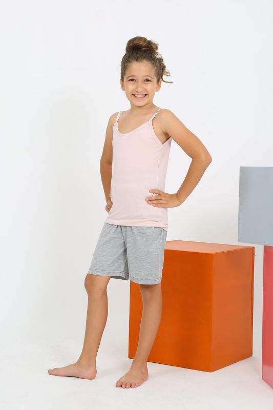 Moda Çizgi Kız Çocuk İp Askılı Şortlu Penye Pembe Pijama Takım 20430 - 2
