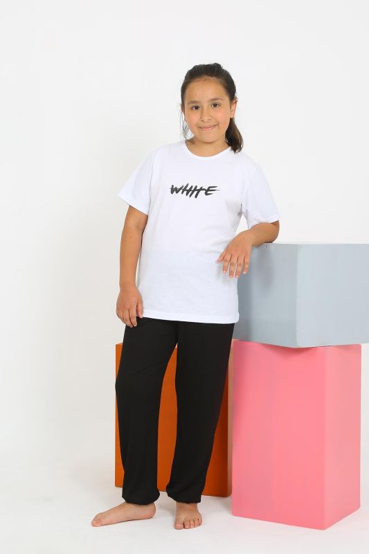 Moda Çizgi Kız Çocuk Kısa Kol Beyaz Penye Pijama Takım 20432 - 3