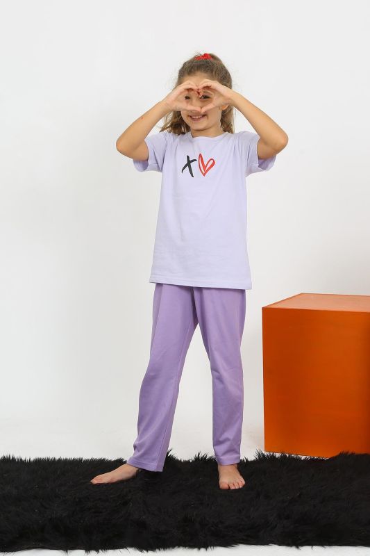Moda Çizgi Kız Çocuk Kısa Kol Lila Penye Pijama Takım 20432 - 1