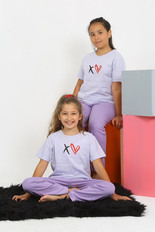 Moda Çizgi Kız Çocuk Kısa Kol Lila Penye Pijama Takım 20432 - 3