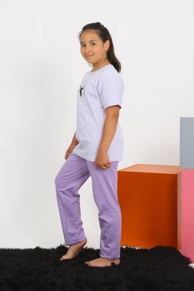 Moda Çizgi Kız Çocuk Kısa Kol Lila Penye Pijama Takım 20432 - Thumbnail
