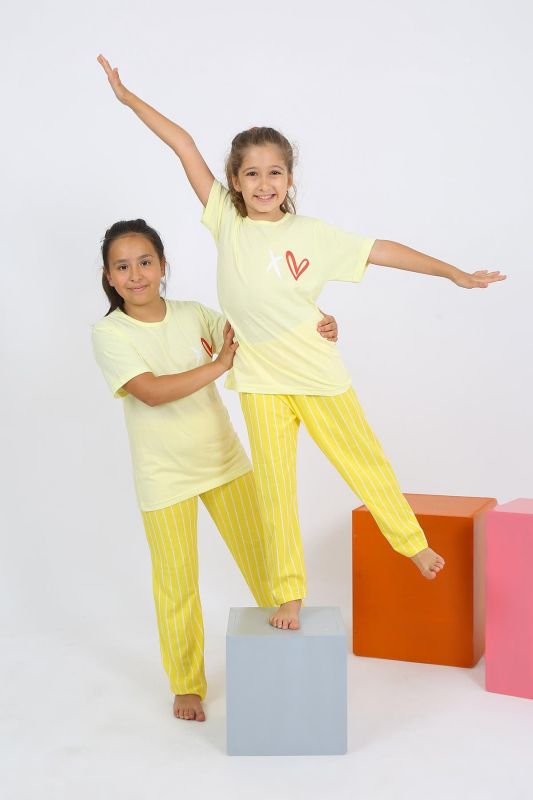 Moda Çizgi Kız Çocuk Kısa Kol Sarı Penye Pijama Takım 20432 - 1