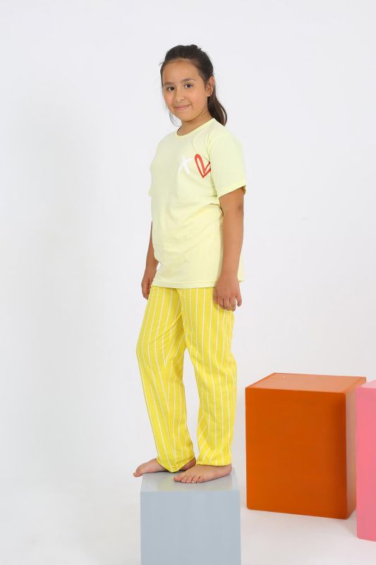 Moda Çizgi Kız Çocuk Kısa Kol Sarı Penye Pijama Takım 20432 - 2