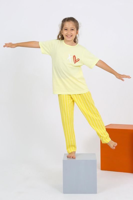 Moda Çizgi Kız Çocuk Kısa Kol Sarı Penye Pijama Takım 20432 - 3