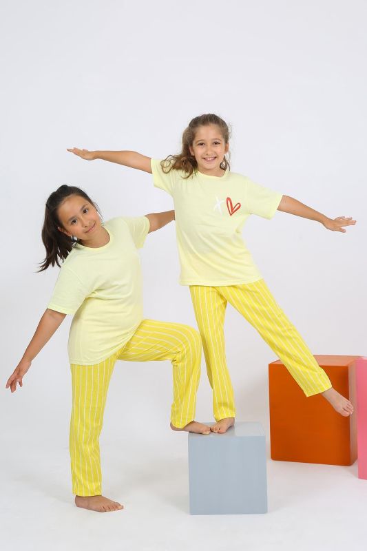 Moda Çizgi Kız Çocuk Kısa Kol Sarı Penye Pijama Takım 20432 - 4