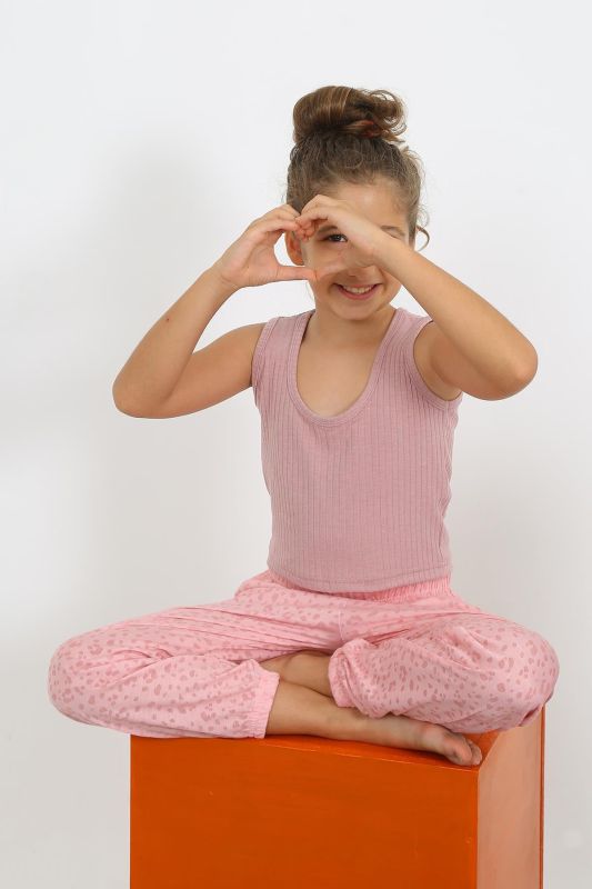 Moda Çizgi Kız Çocuk Sıfır Kol Gül Kurusu Penye Pijama Takım 20433 - 1