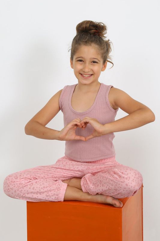 Moda Çizgi Kız Çocuk Sıfır Kol Gül Kurusu Penye Pijama Takım 20433 - 3