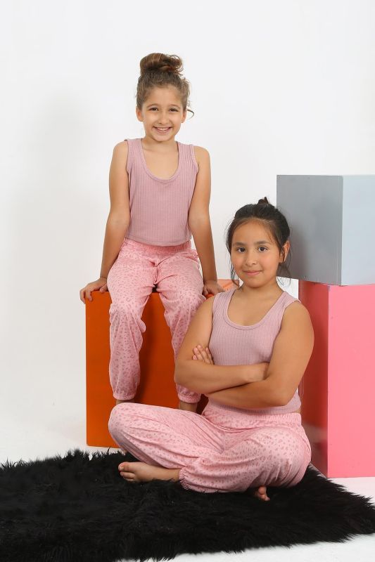 Moda Çizgi Kız Çocuk Sıfır Kol Gül Kurusu Penye Pijama Takım 20433 - 4
