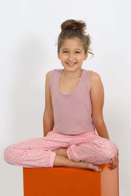 Moda Çizgi Kız Çocuk Sıfır Kol Gül Kurusu Penye Pijama Takım 20433 - 6