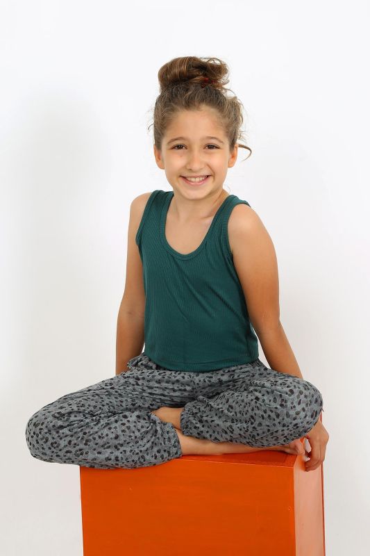 Moda Çizgi Kız Çocuk Sıfır Kol Zümrüt Yeşili Penye Pijama Takım 20433 - 1