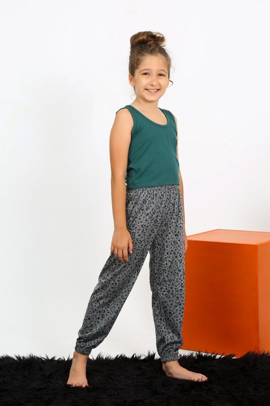 Moda Çizgi Kız Çocuk Sıfır Kol Zümrüt Yeşili Penye Pijama Takım 20433 - 2