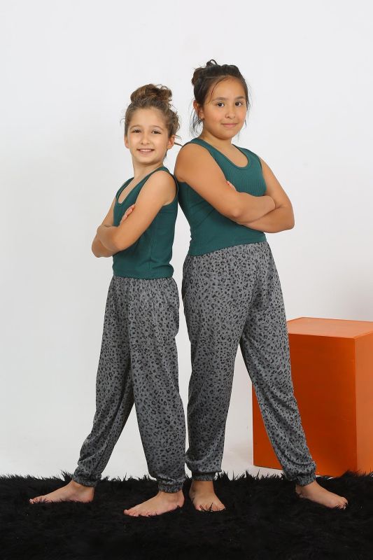Moda Çizgi Kız Çocuk Sıfır Kol Zümrüt Yeşili Penye Pijama Takım 20433 - 3