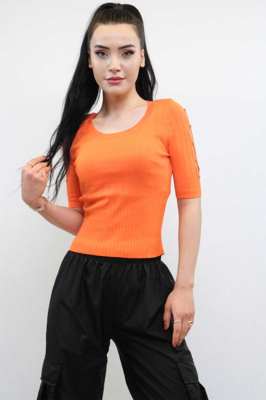 Moda Çizgi Kolları Taşlı Triko Bluz Turuncu - 2