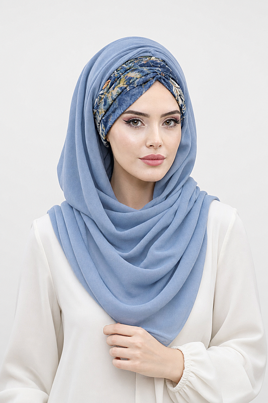 Kot Mavi Çiçek Desen Hazır Şal - 1