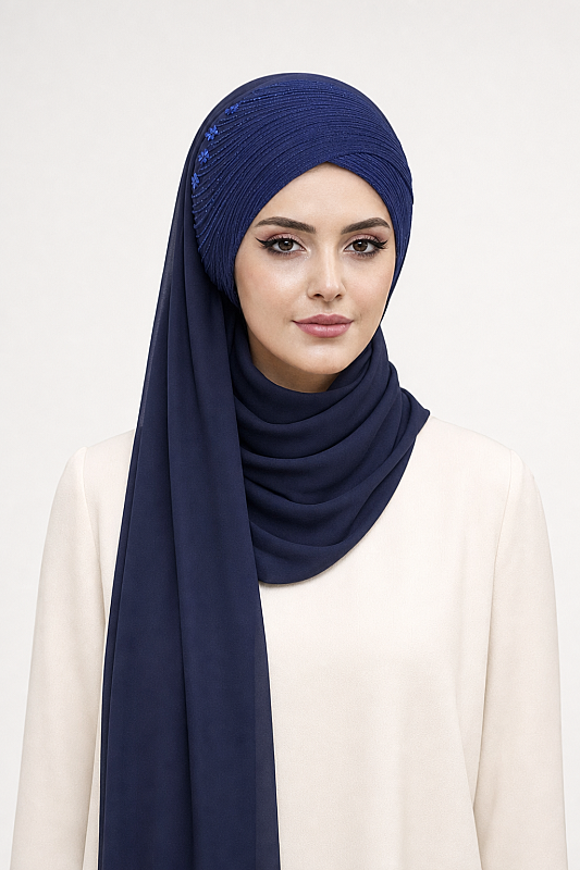 Lacivert Detaylı Hazır Abiye Şal - 1