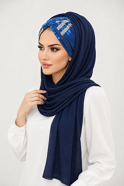 Lacivert Hardal Yazı Desen Hazır Şal - 2