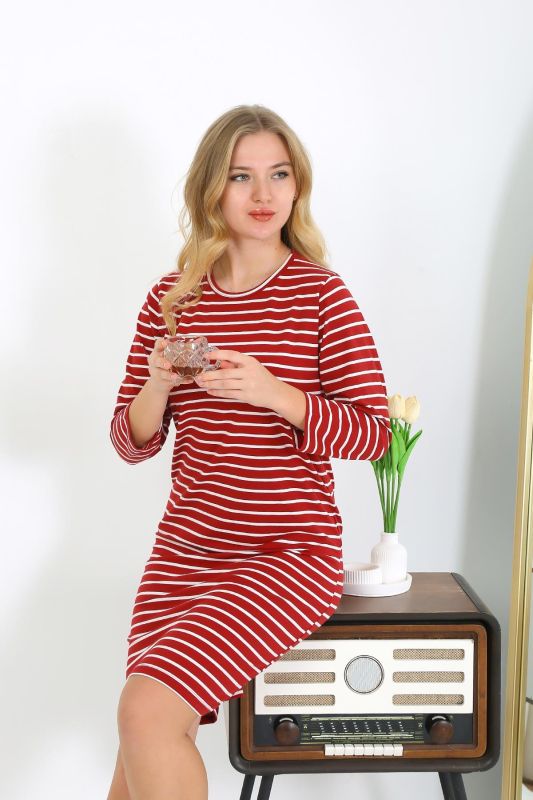 Moda Çizgi Pamuk Ev Elbisesi Tunik Gecelik Kırmızı 13132 - 1